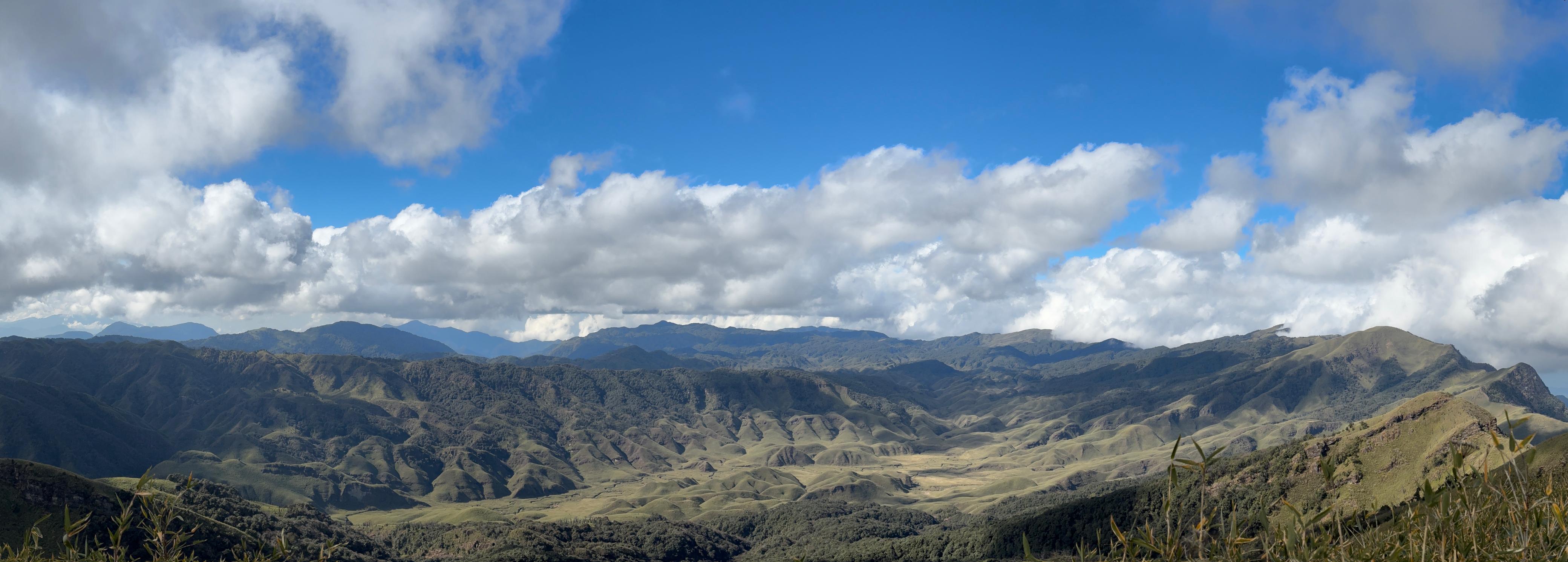Panoramic view from near the summit of Mount Tempü, ridges rolling toward the Dzükou valley